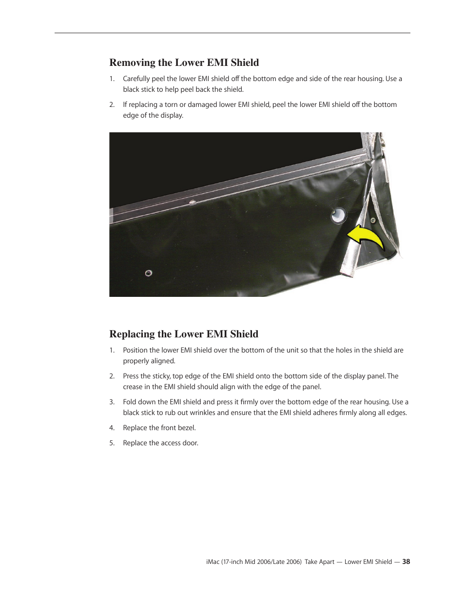 Removing the lower emi shield, Replacing the lower emi shield | Apple iMac (17-inch Mid 2006) User Manual | Page 38 / 160