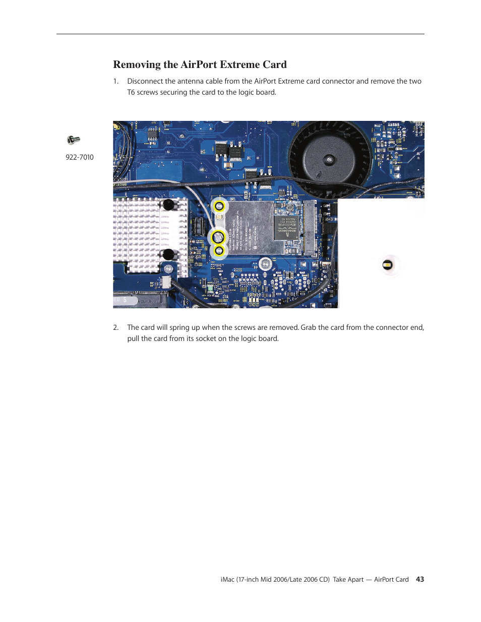 Removing the airport extreme card | Apple iMac (17-inch Mid 2006) User Manual | Page 43 / 160