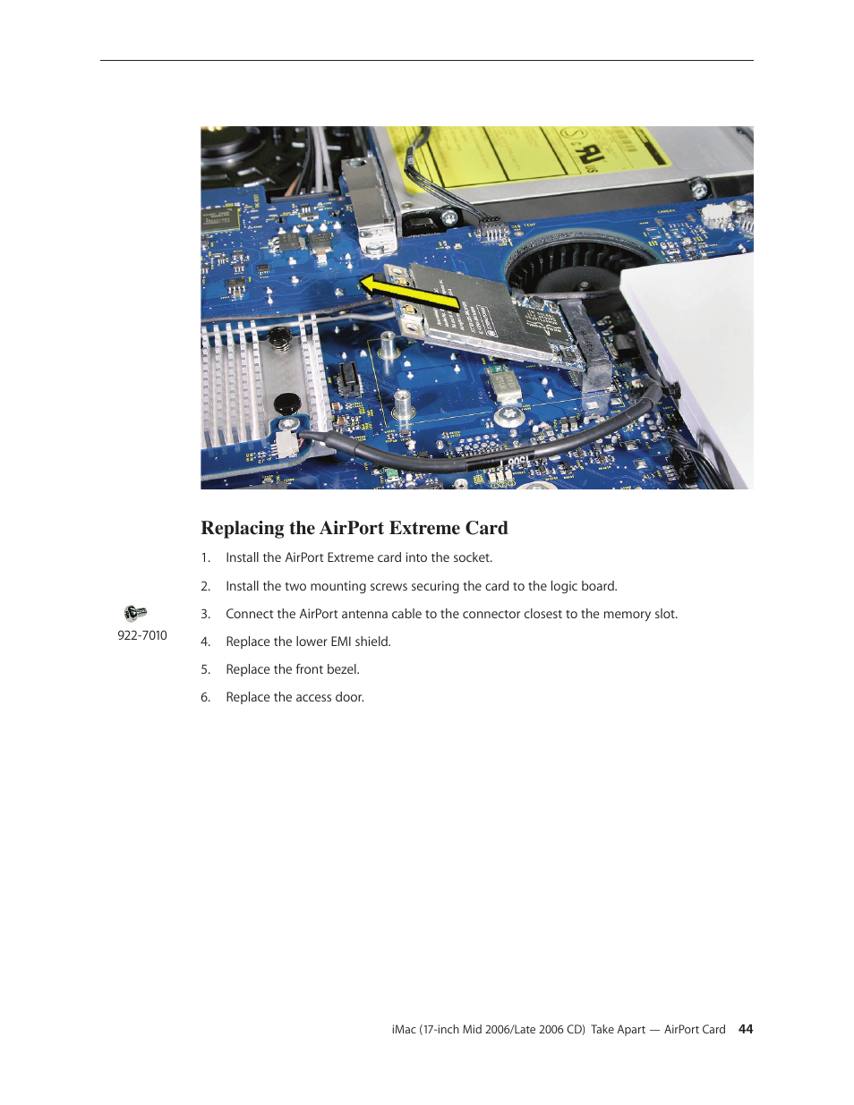 Replacing the airport extreme card | Apple iMac (17-inch Mid 2006) User Manual | Page 44 / 160