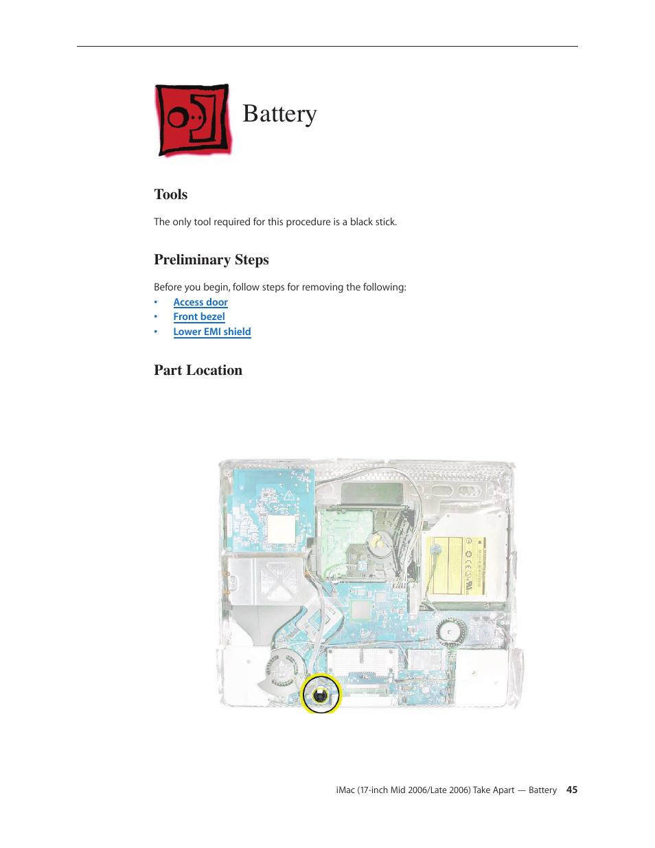 Battery, Battery 45 | Apple iMac (17-inch Mid 2006) User Manual | Page 45 / 160