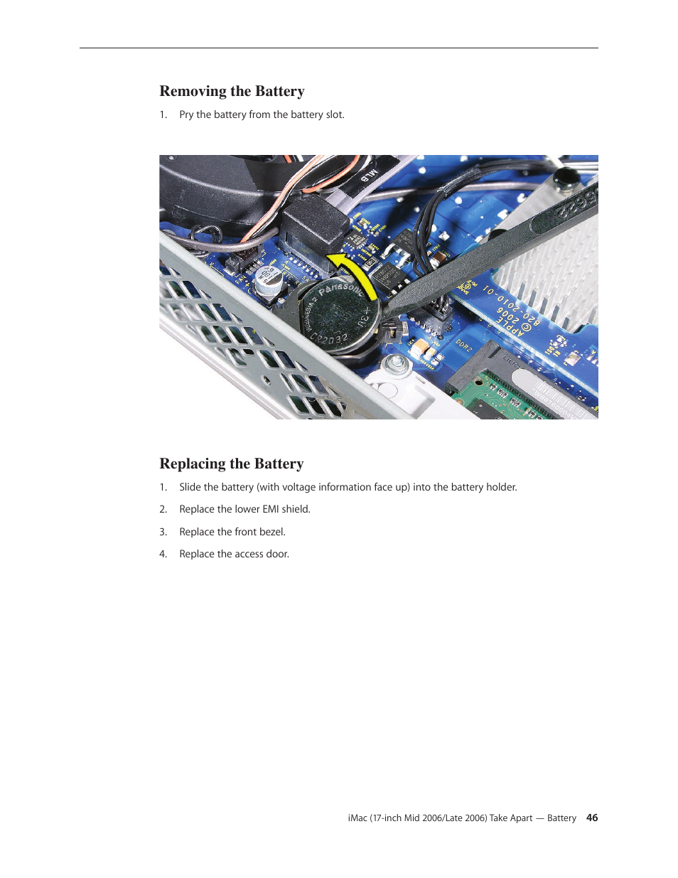 Removing the battery, Replacing the battery | Apple iMac (17-inch Mid 2006) User Manual | Page 46 / 160