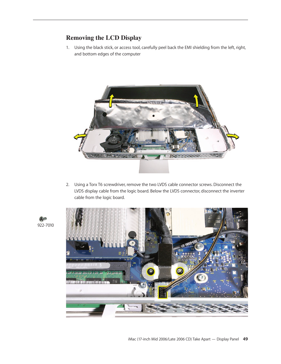 Removing the lcd display | Apple iMac (17-inch Mid 2006) User Manual | Page 49 / 160