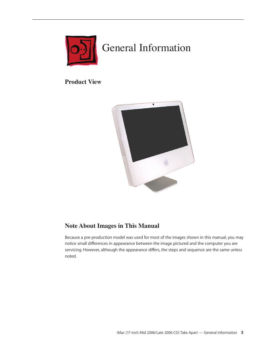 General information, Product view, Note about images in this manual | General information 5, Product view 5 note about images in this manual 5 | Apple iMac (17-inch Mid 2006) User Manual | Page 5 / 160