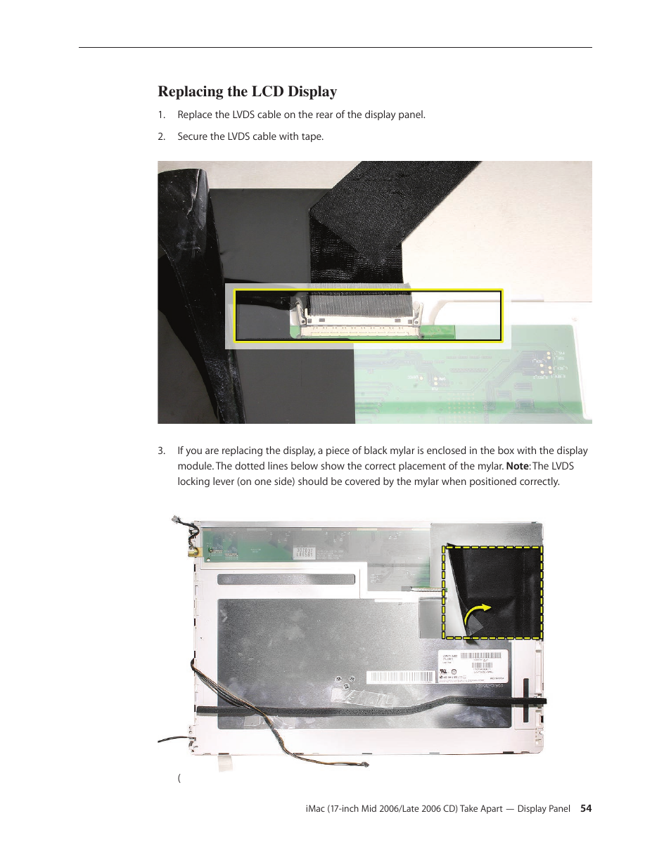 Replacing the lcd display | Apple iMac (17-inch Mid 2006) User Manual | Page 54 / 160