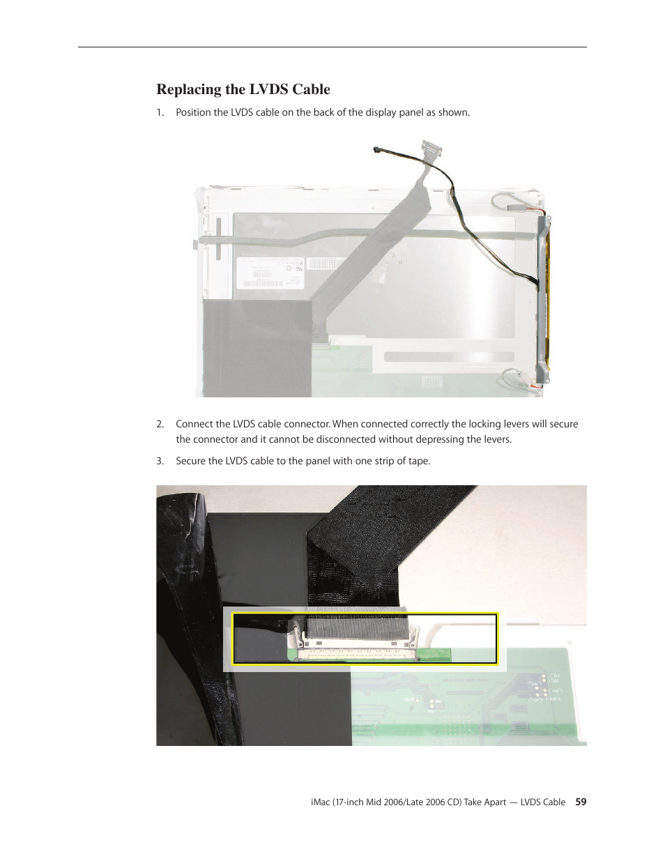 Replacing the lvds cable | Apple iMac (17-inch Mid 2006) User Manual | Page 59 / 160