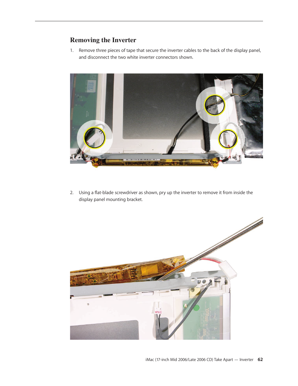 Removing the inverter | Apple iMac (17-inch Mid 2006) User Manual | Page 62 / 160