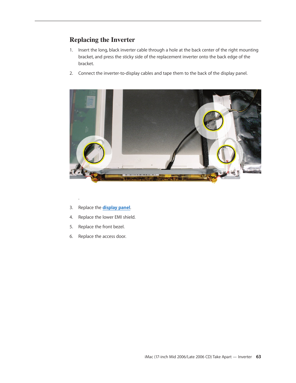 Replacing the inverter | Apple iMac (17-inch Mid 2006) User Manual | Page 63 / 160