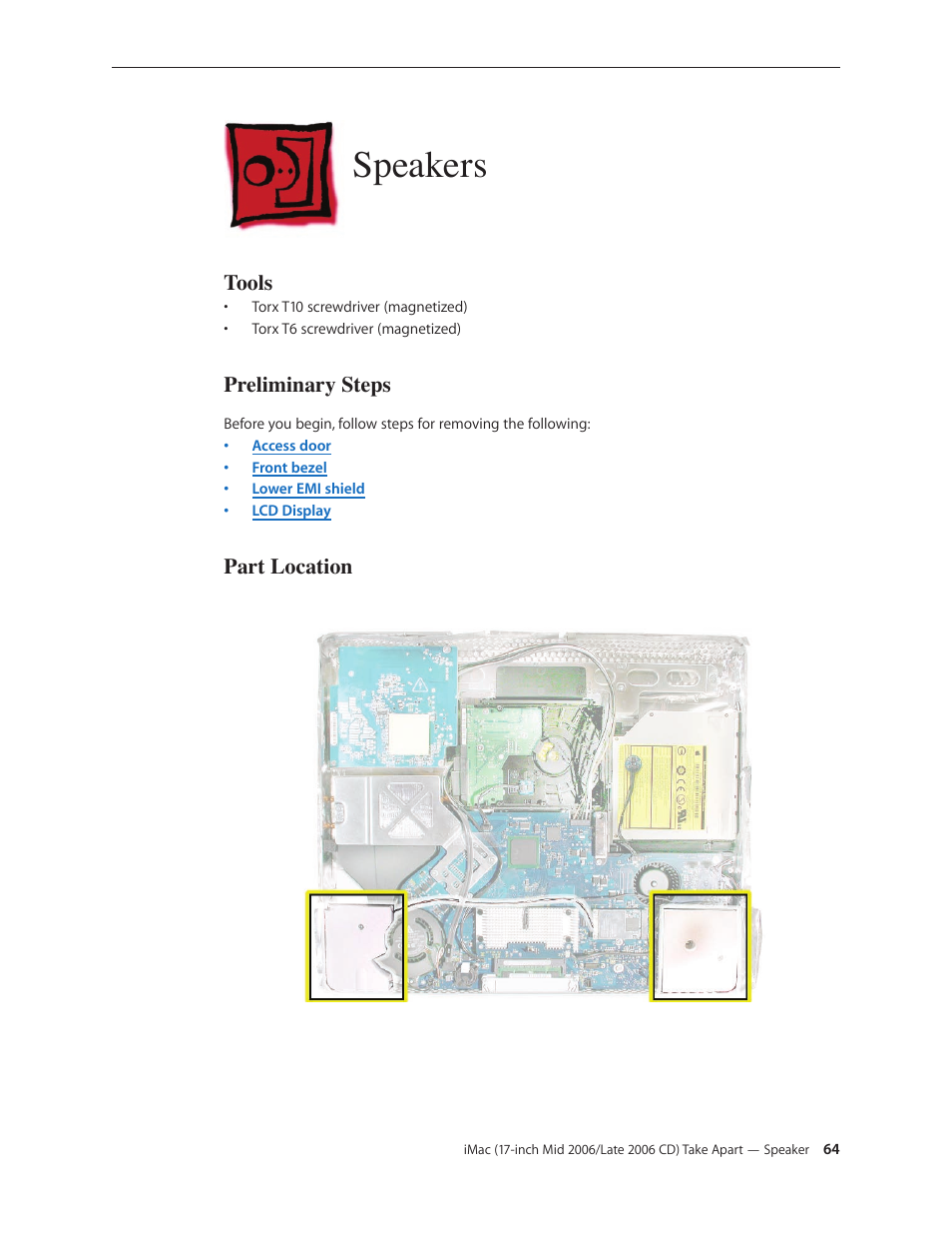 Speakers, Speakers 64 | Apple iMac (17-inch Mid 2006) User Manual | Page 64 / 160