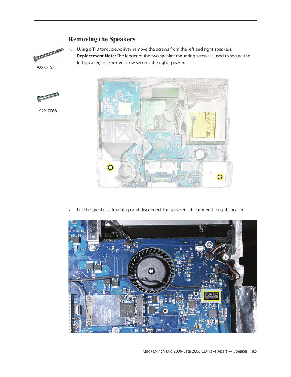 Removing the speakers | Apple iMac (17-inch Mid 2006) User Manual | Page 65 / 160