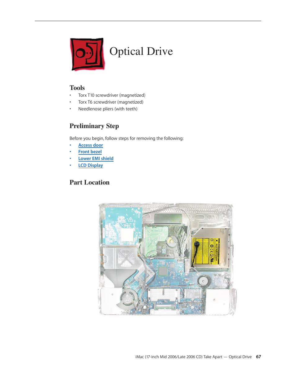 Optical drive, Optical drive 67 | Apple iMac (17-inch Mid 2006) User Manual | Page 67 / 160