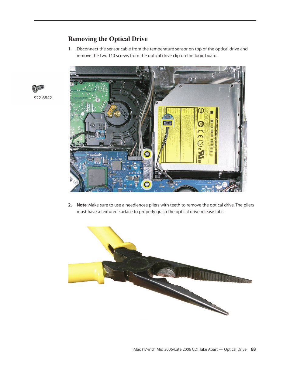 Optical drive removal procedure, Removing the optical drive | Apple iMac (17-inch Mid 2006) User Manual | Page 68 / 160