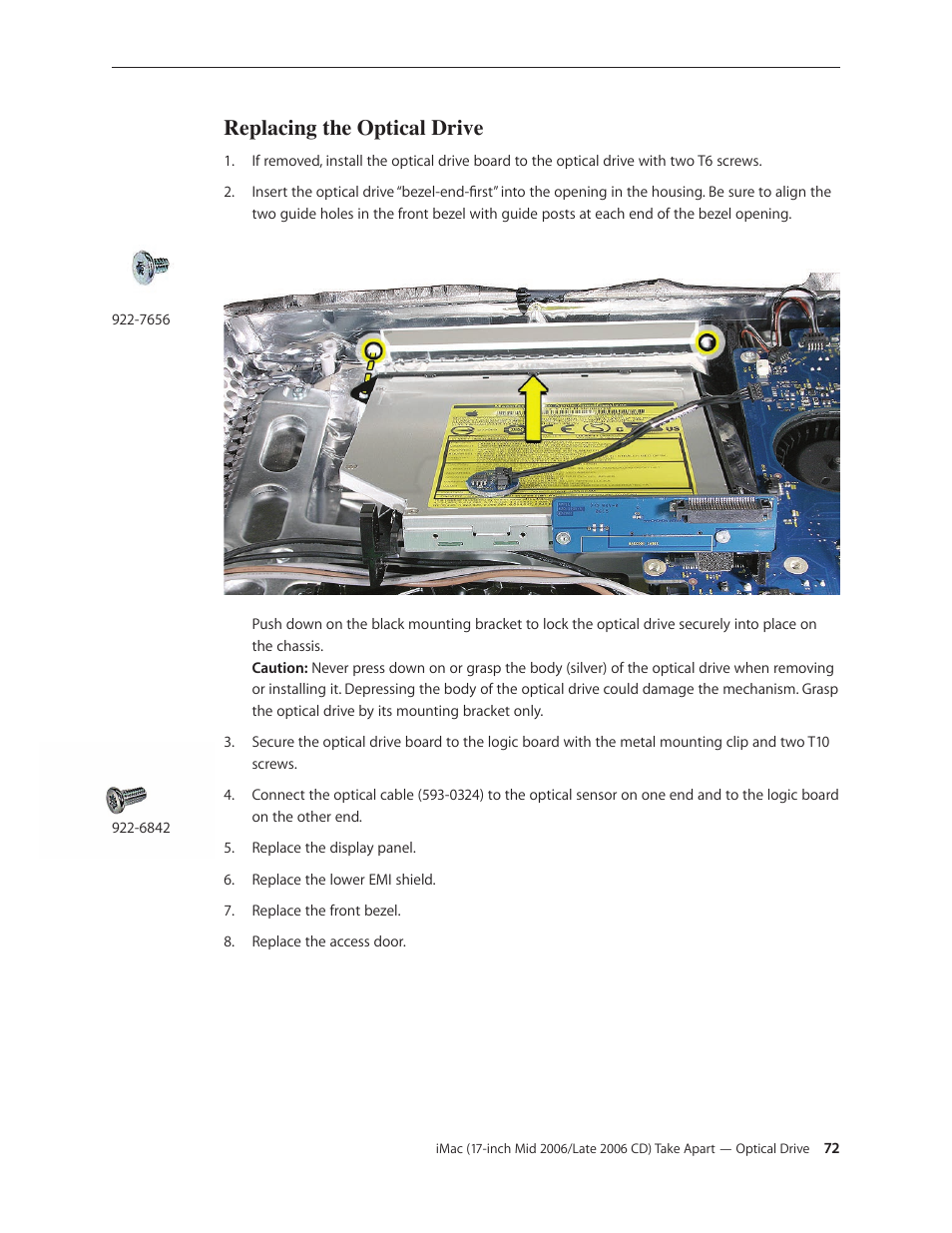 Replacing the optical drive | Apple iMac (17-inch Mid 2006) User Manual | Page 72 / 160