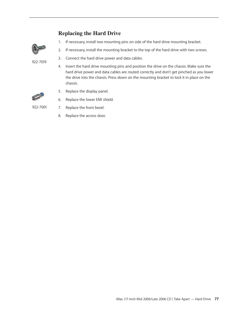 Replacing the hard drive | Apple iMac (17-inch Mid 2006) User Manual | Page 77 / 160