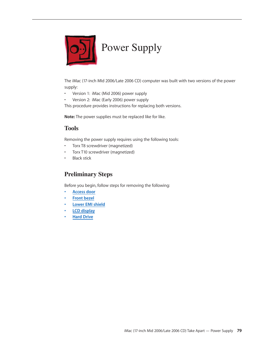 Power supply, Power supply 79, Tools | Preliminary steps | Apple iMac (17-inch Mid 2006) User Manual | Page 79 / 160