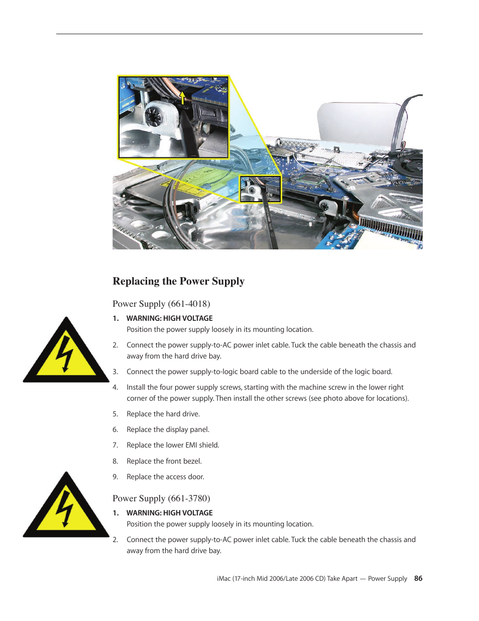 Replacing the power supply | Apple iMac (17-inch Mid 2006) User Manual | Page 86 / 160