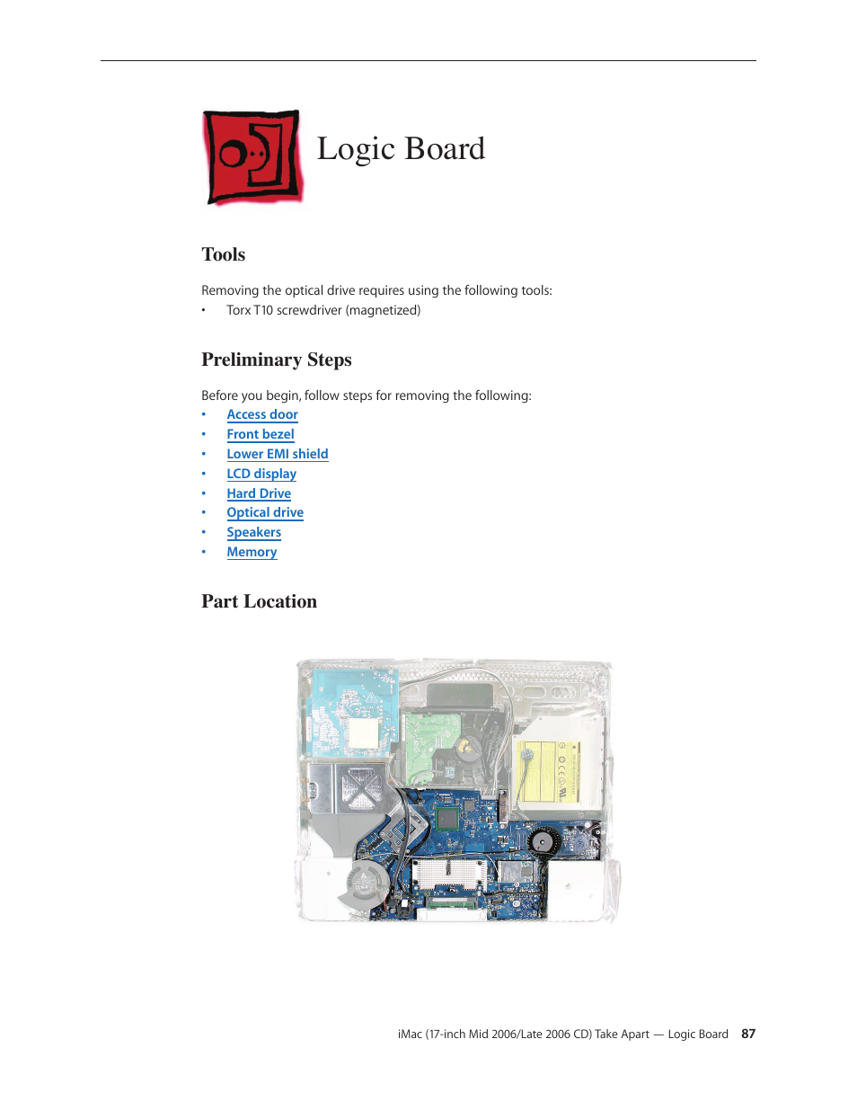 Logic board, Logic board 87 | Apple iMac (17-inch Mid 2006) User Manual | Page 87 / 160