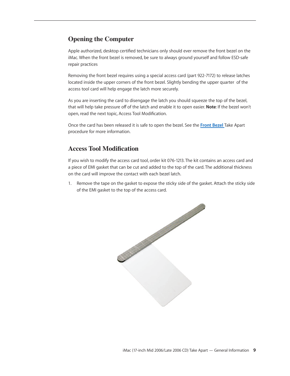 Opening the computer, Access tool modification, Opening the computer 9 access tool modification 9 | Apple iMac (17-inch Mid 2006) User Manual | Page 9 / 160