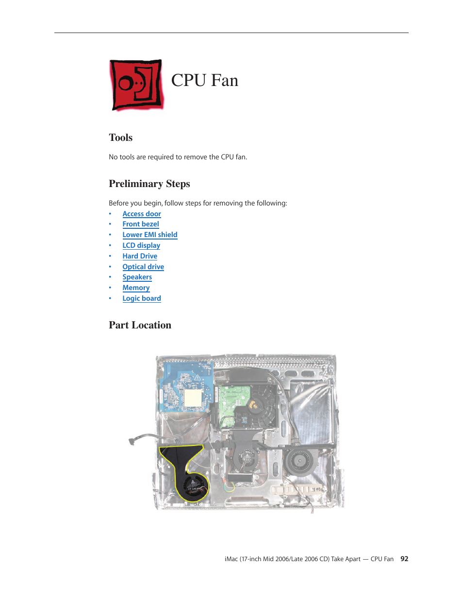 Cpu fan, Cpu fan 92 | Apple iMac (17-inch Mid 2006) User Manual | Page 92 / 160