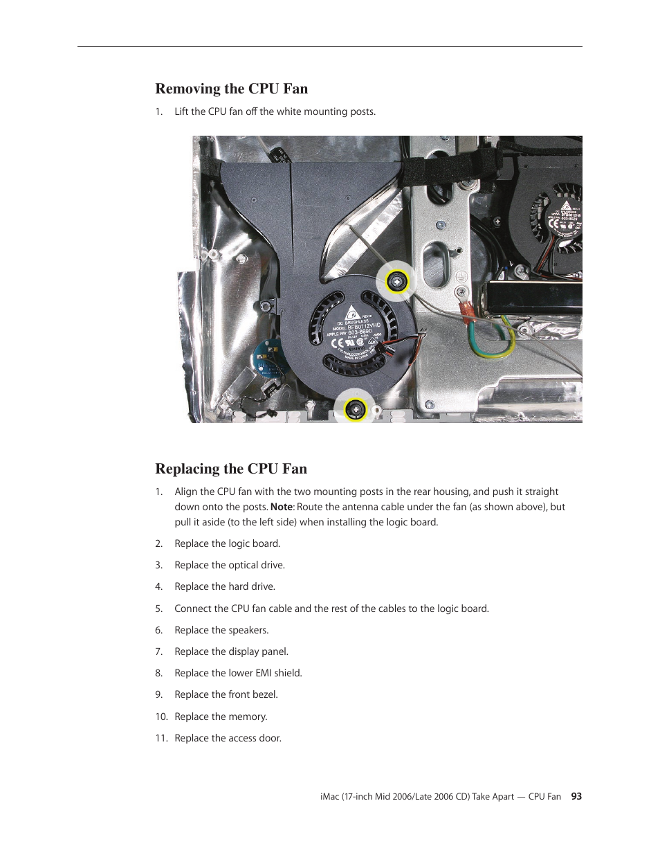 Removing the cpu fan, Replacing the cpu fan | Apple iMac (17-inch Mid 2006) User Manual | Page 93 / 160