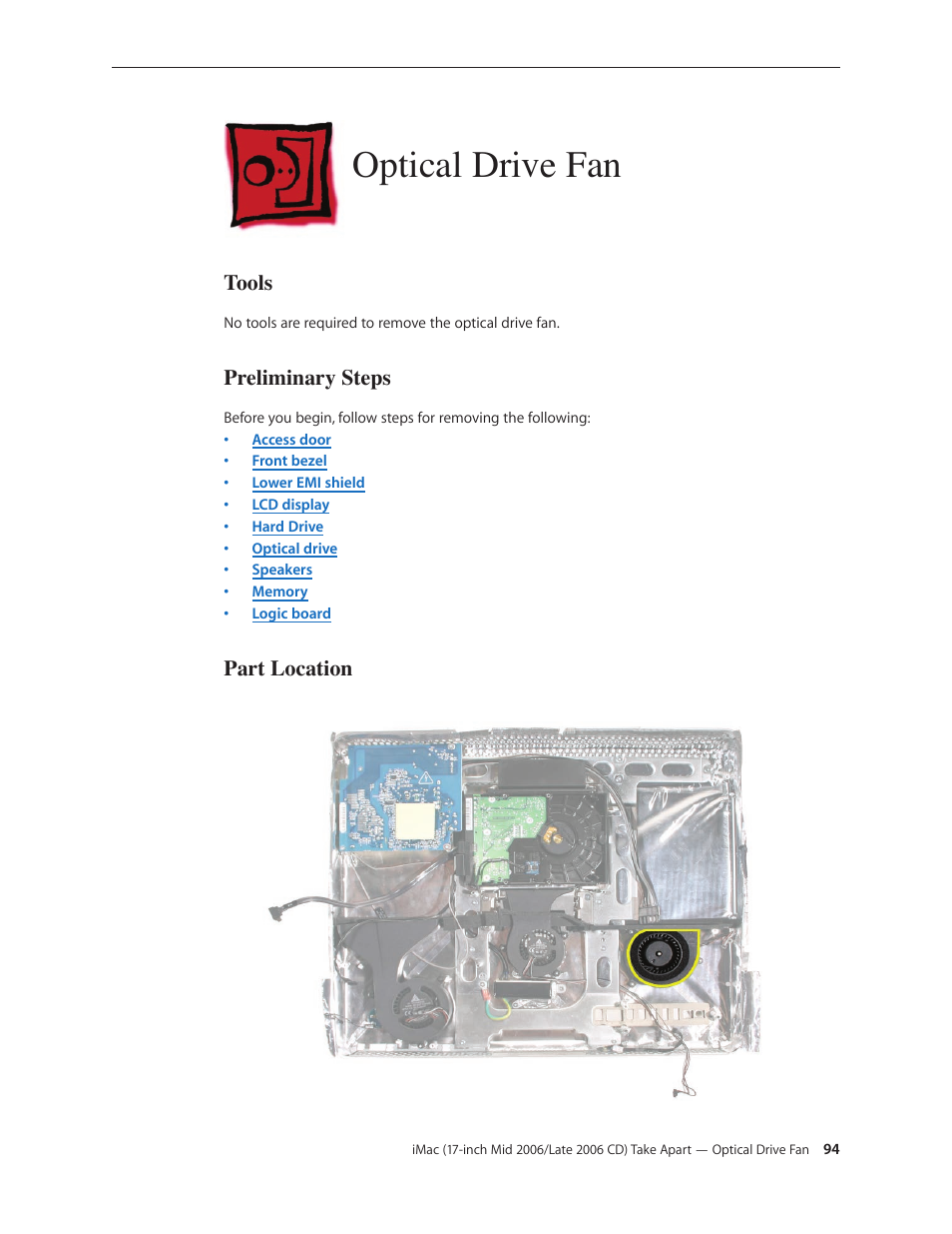 Optical drive fan, Optical drive fan 94 | Apple iMac (17-inch Mid 2006) User Manual | Page 94 / 160