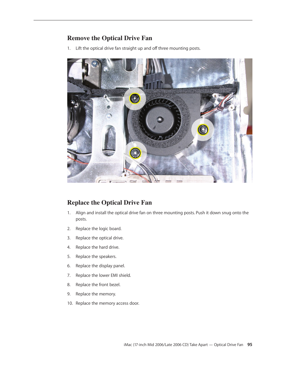 Remove the optical drive fan, Replace the optical drive fan | Apple iMac (17-inch Mid 2006) User Manual | Page 95 / 160