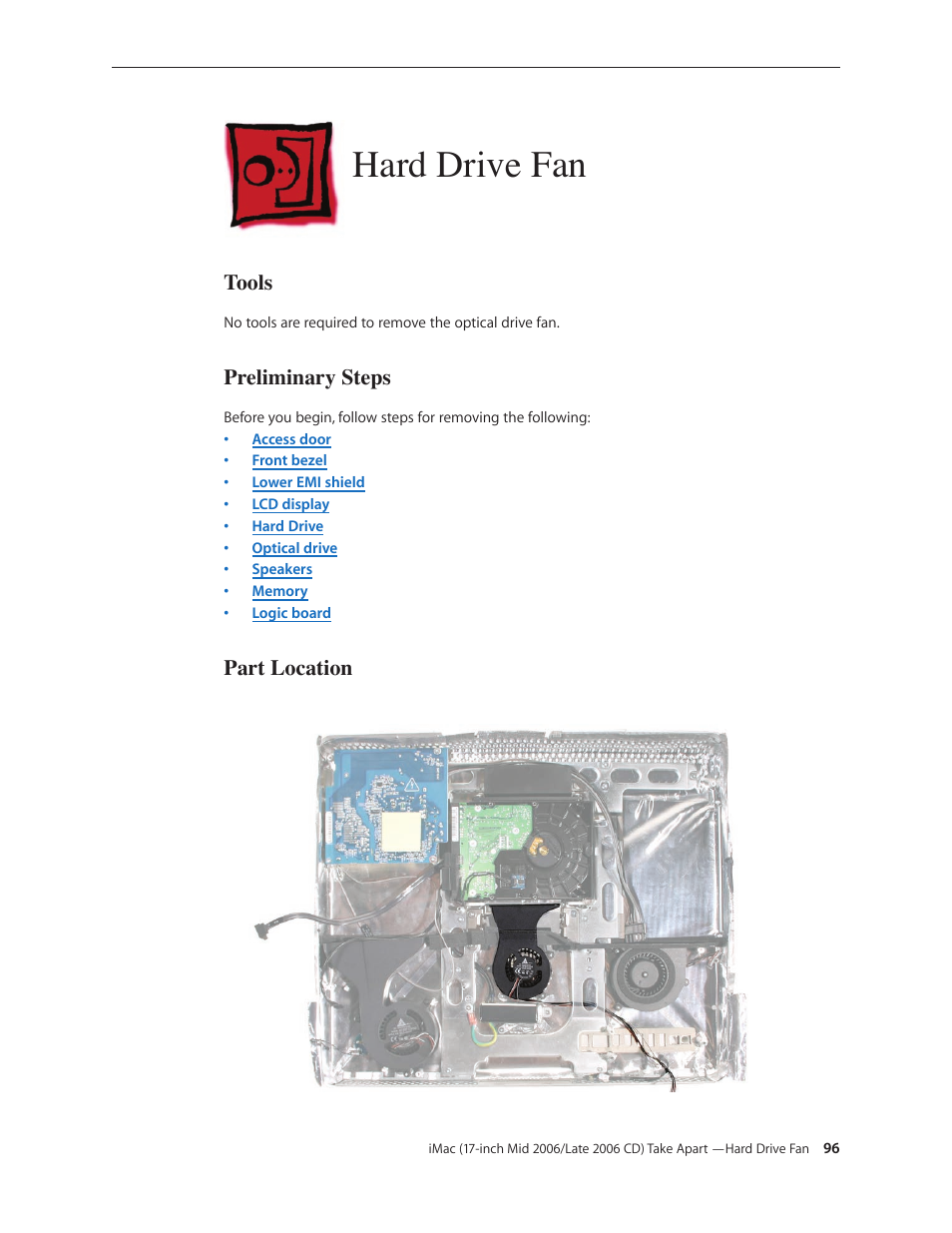 Hard drive fan, Hard drive fan 96 | Apple iMac (17-inch Mid 2006) User Manual | Page 96 / 160