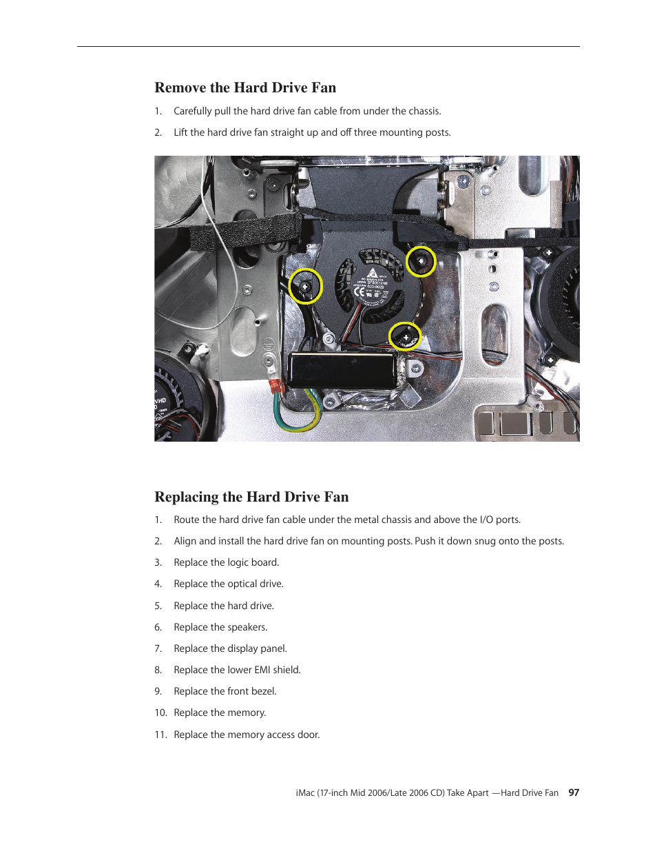 Remove the hard drive fan, Replacing the hard drive fan | Apple iMac (17-inch Mid 2006) User Manual | Page 97 / 160