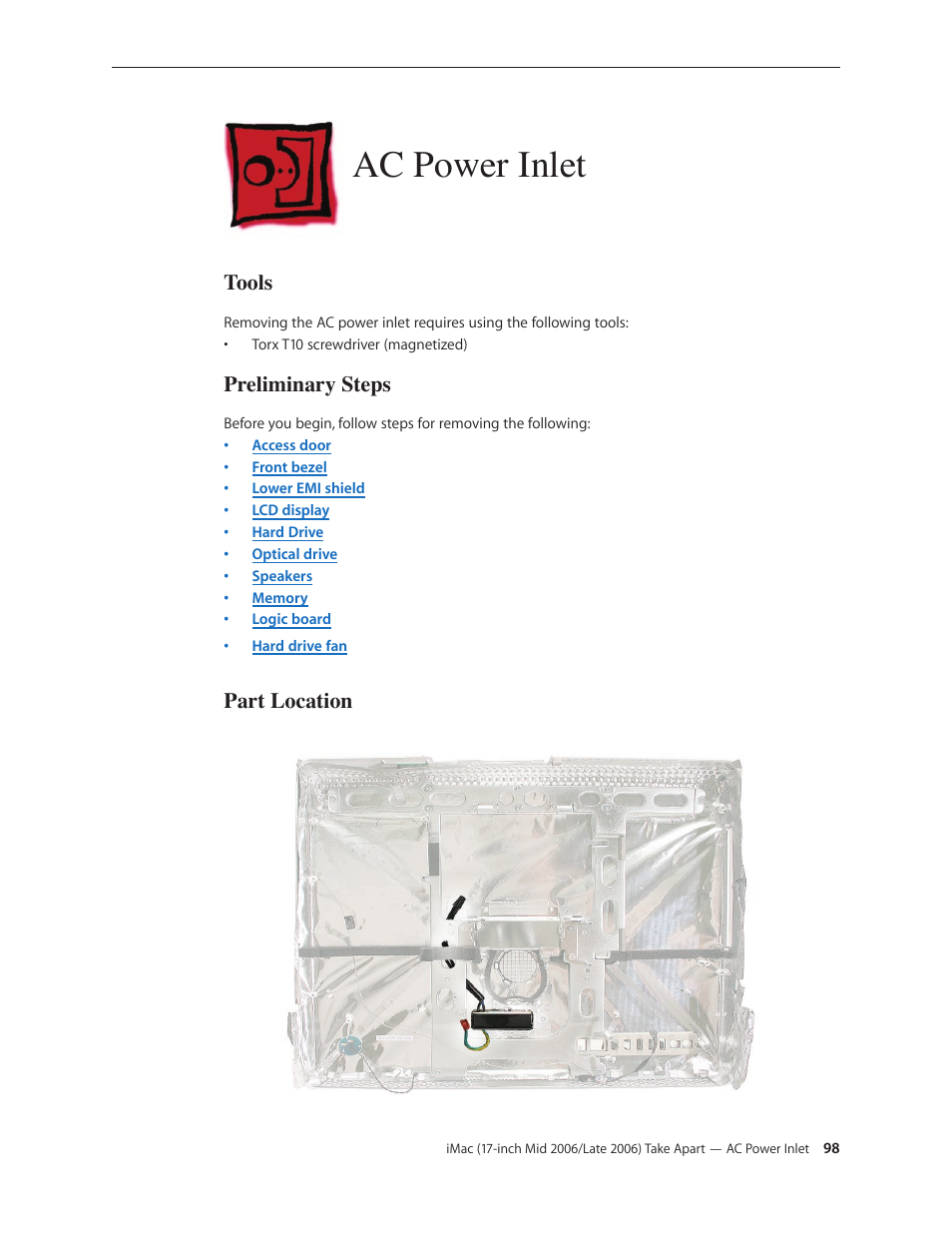 Ac power inlet, Ac power inlet 98 | Apple iMac (17-inch Mid 2006) User Manual | Page 98 / 160