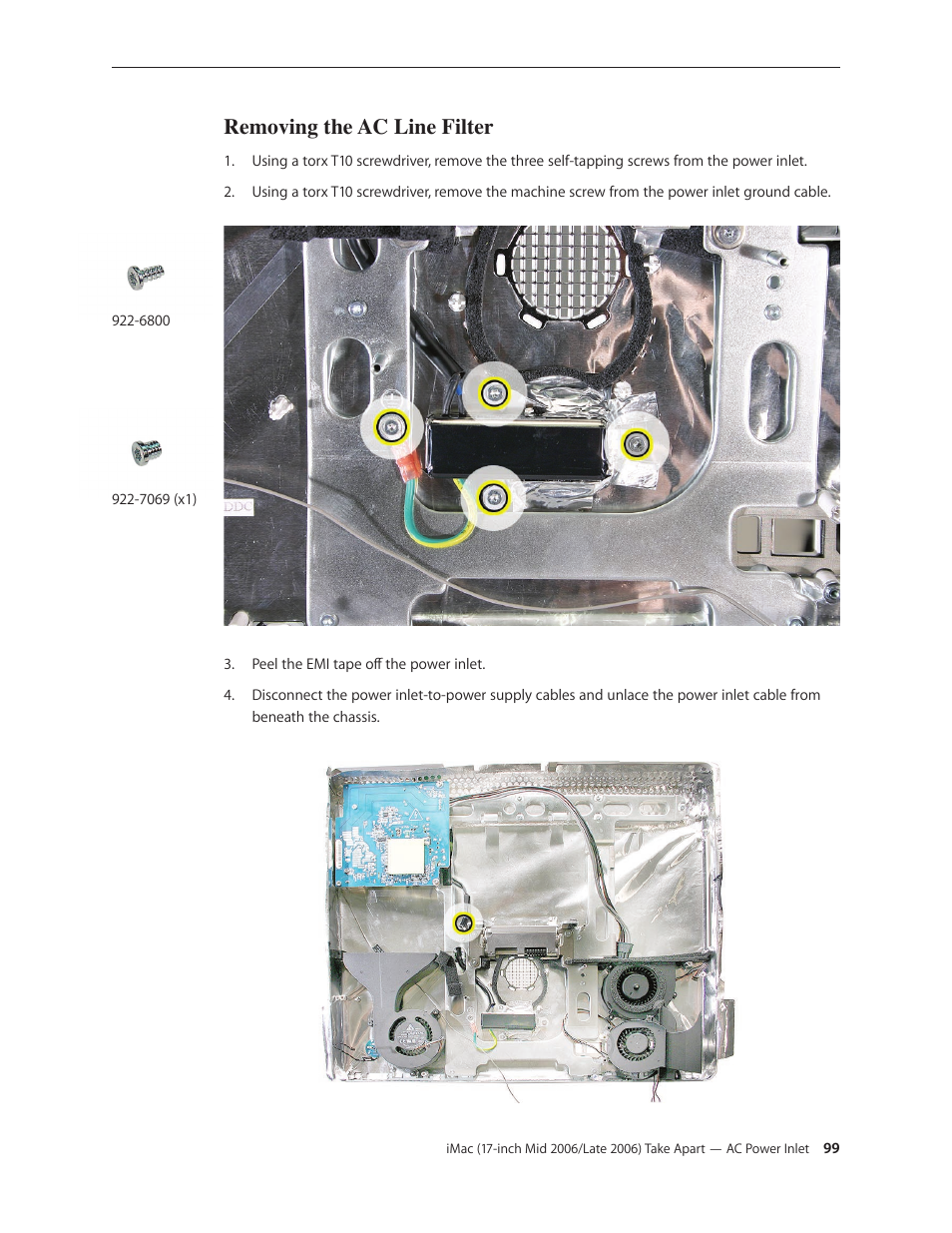 Removing the ac line filter | Apple iMac (17-inch Mid 2006) User Manual | Page 99 / 160