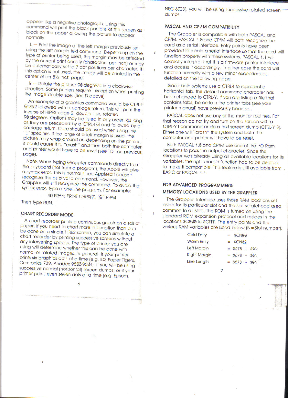 Chart recorder mode, Pascal and cp/m compatibility, For advanced programmers | Memory locations used by the grappler | Apple Grr User Manual | Page 4 / 10