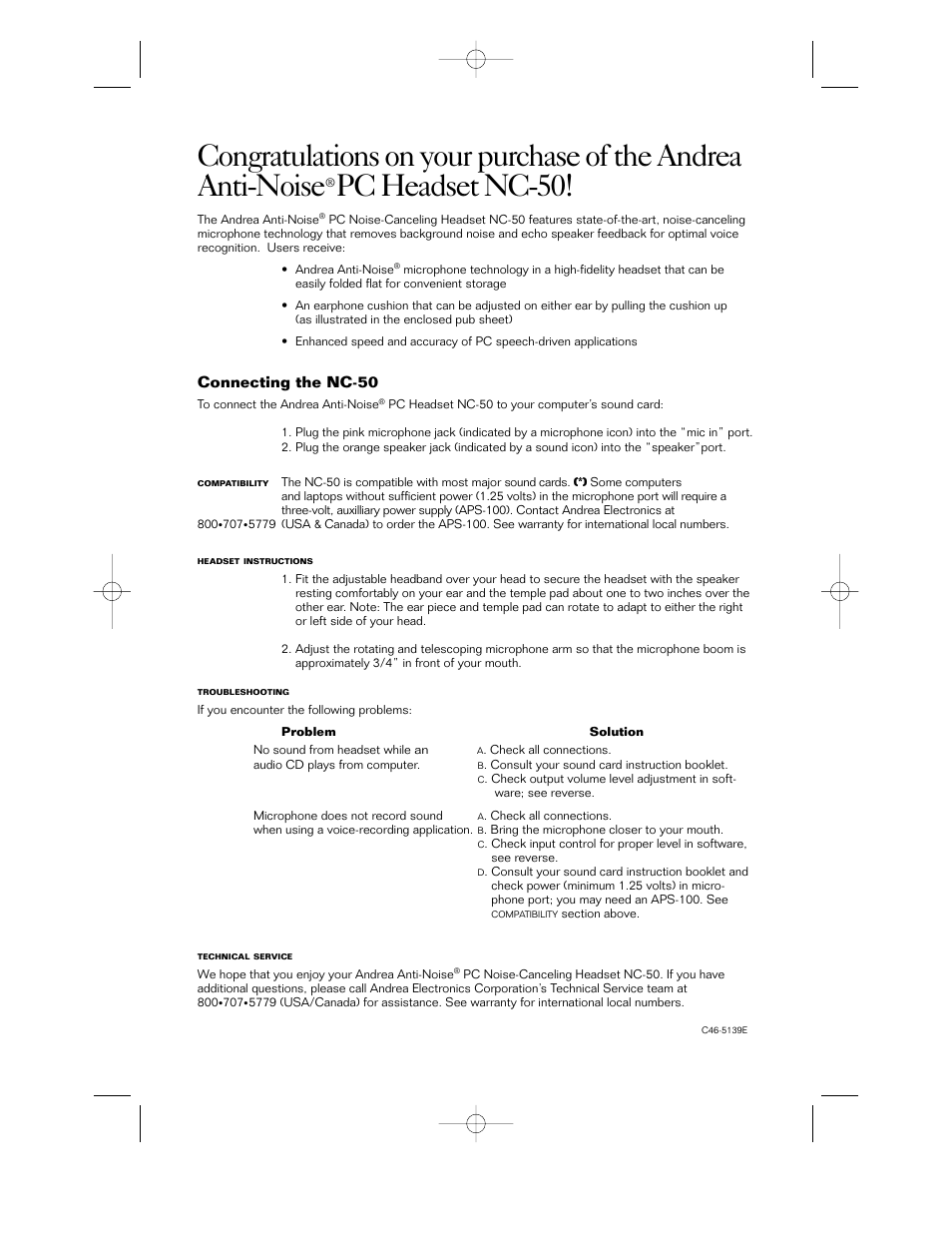 Nc-50e, Pc headset nc-50, Connecting the nc-50 | Andrea Electronics NC-50 User Manual | Page 3 / 4