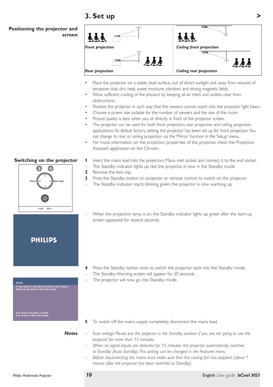 Set up, Positioning the projector and screen, Switching on the projector | Philips Multimedia projector bCool XG1 User Manual | Page 10 / 29