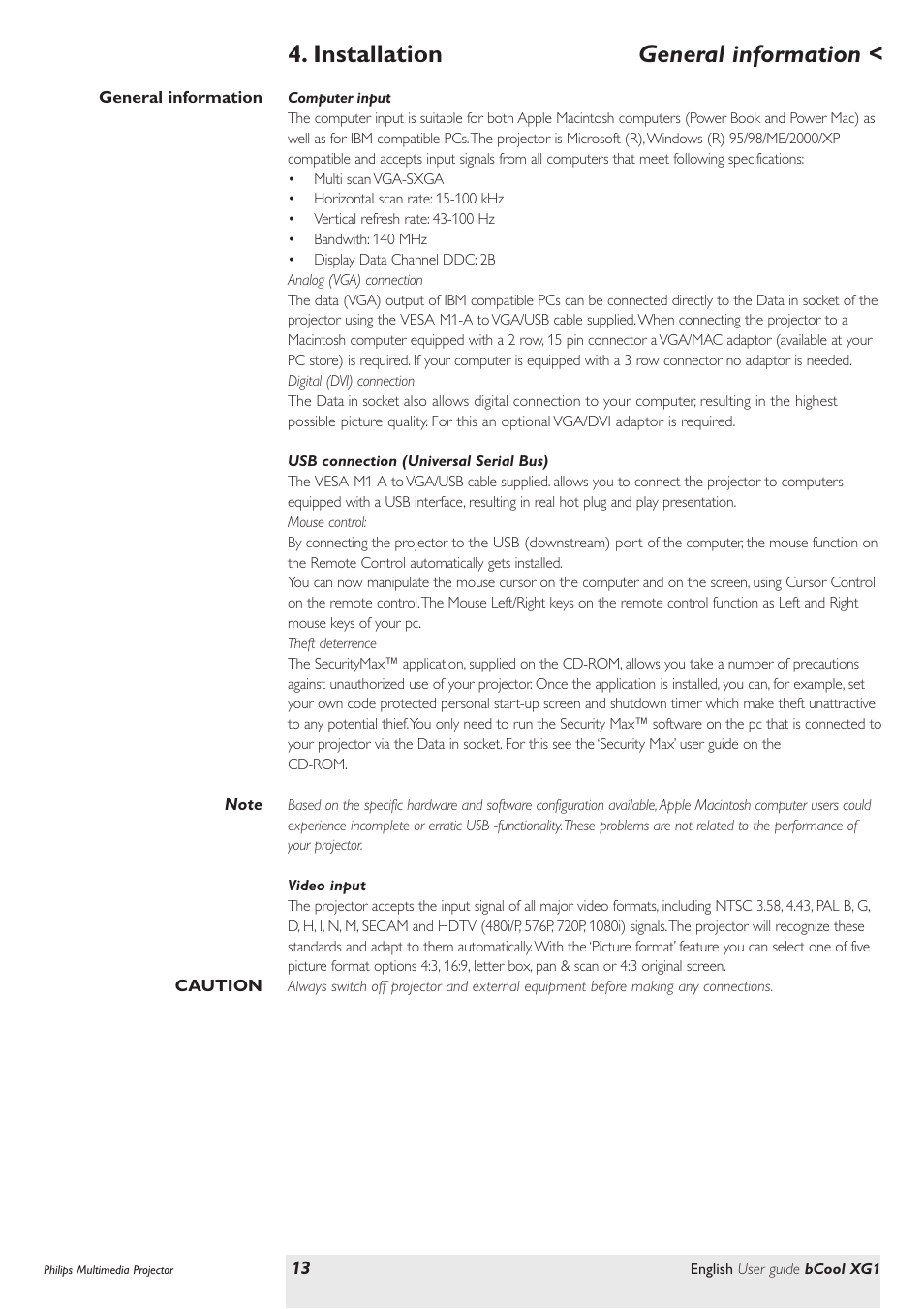 Installation, General information, Computer input | Usb connection universal serial bus, Video input, Installation < general information | Philips Multimedia projector bCool XG1 User Manual | Page 13 / 29