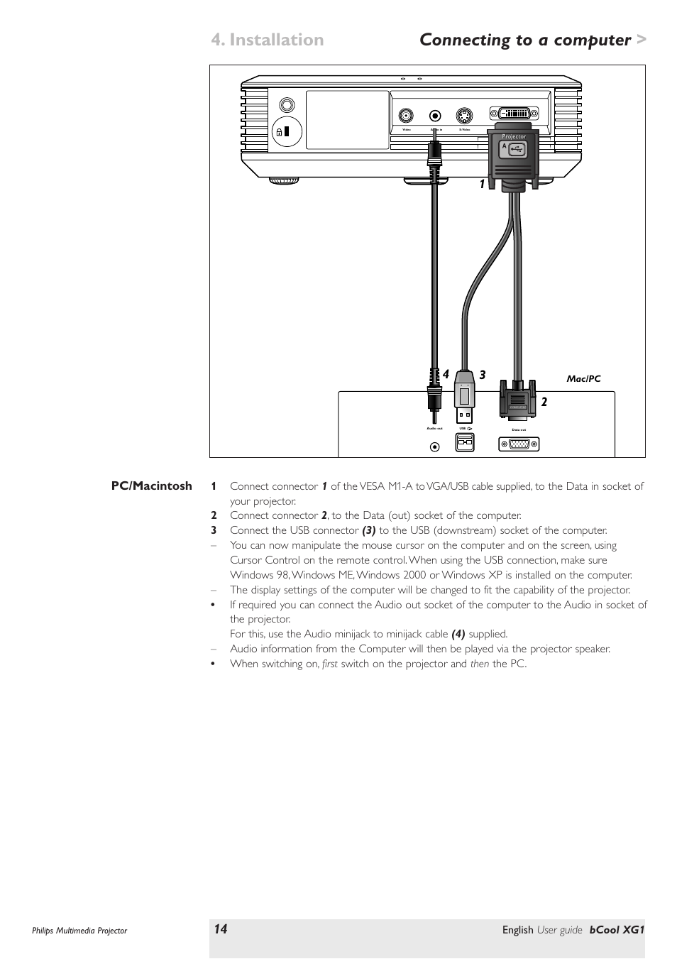 Connecting to a computer, Pc/macintosh, Installation | Philips Multimedia projector bCool XG1 User Manual | Page 14 / 29