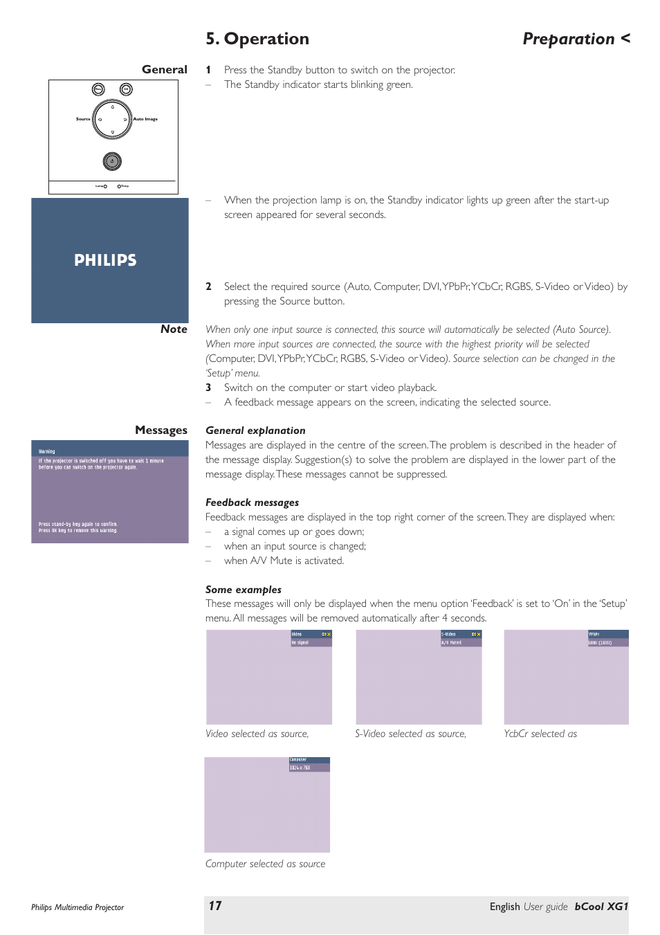 Operation, Preparation, General | Messages, General explanation, Feedback messages, Some examples | Philips Multimedia projector bCool XG1 User Manual | Page 17 / 29