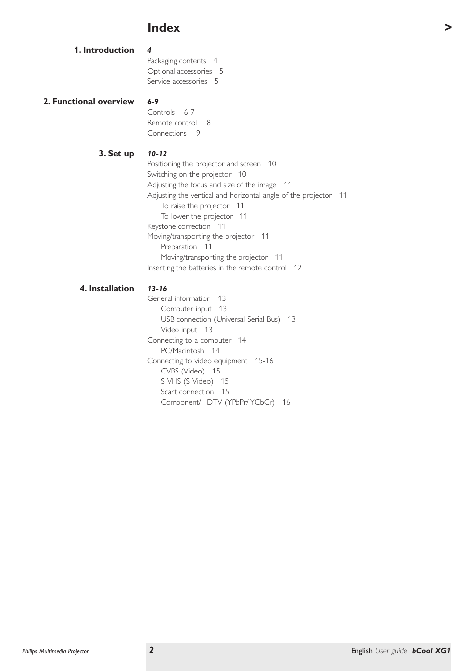 Index | Philips Multimedia projector bCool XG1 User Manual | Page 2 / 29