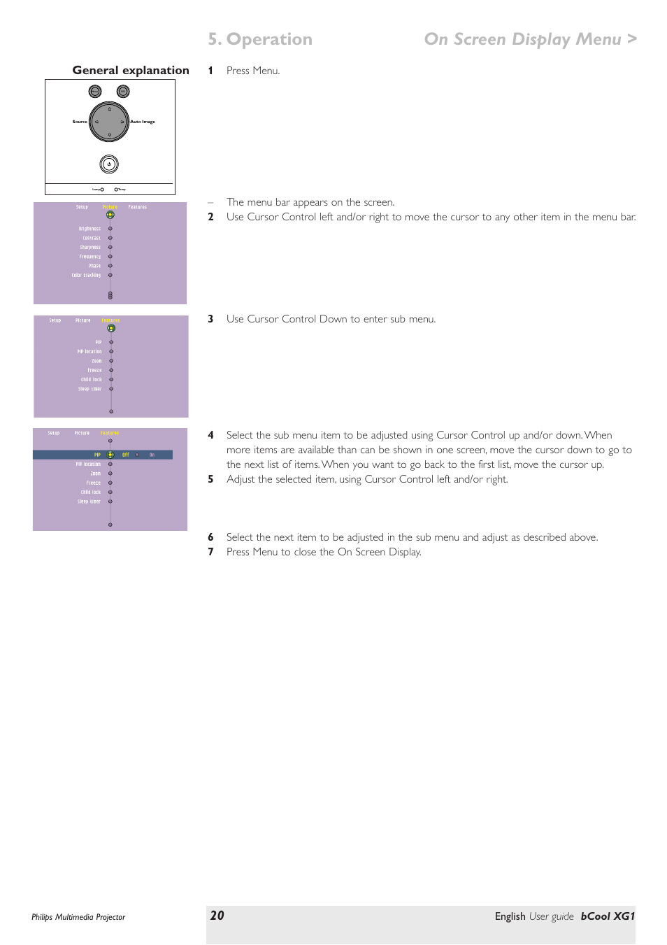 General explanation, Operation on screen display menu | Philips Multimedia projector bCool XG1 User Manual | Page 20 / 29