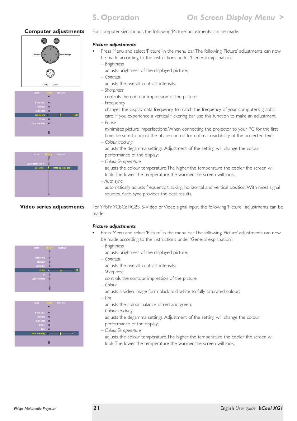 Computer adjustments, Picture adjustments, Video series adjustments | Operation on screen display menu | Philips Multimedia projector bCool XG1 User Manual | Page 21 / 29