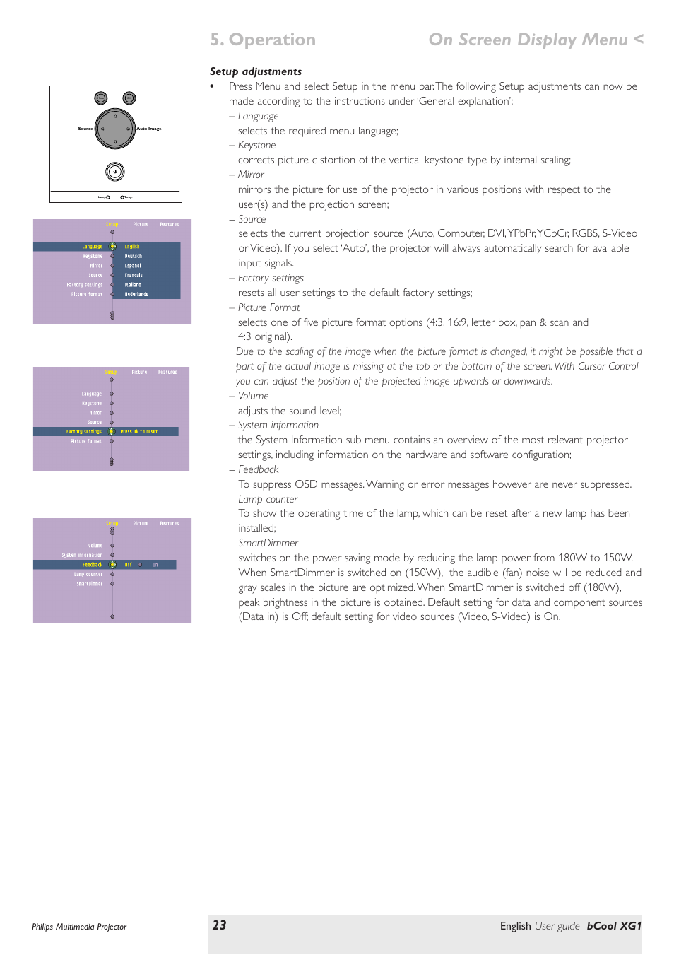 Setup adjustments, Operation on screen display menu | Philips Multimedia projector bCool XG1 User Manual | Page 23 / 29