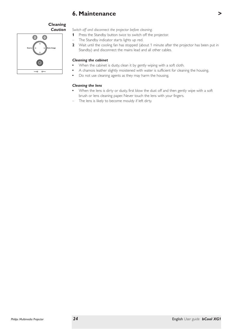 Maintenance, Cleaning, Cleaning the cabinet | Cleaning the lens, Cleaning caution | Philips Multimedia projector bCool XG1 User Manual | Page 24 / 29