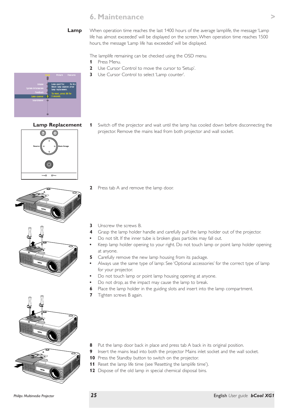 Lamp, Lamp replacement, Maintenance | Lamp lamp replacement | Philips Multimedia projector bCool XG1 User Manual | Page 25 / 29