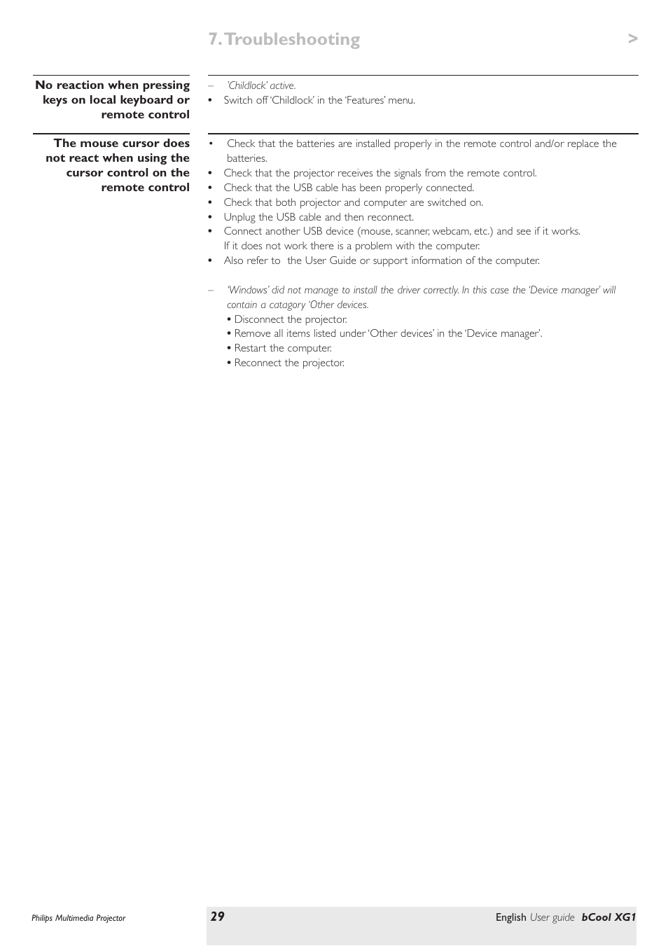 Troubleshooting | Philips Multimedia projector bCool XG1 User Manual | Page 29 / 29