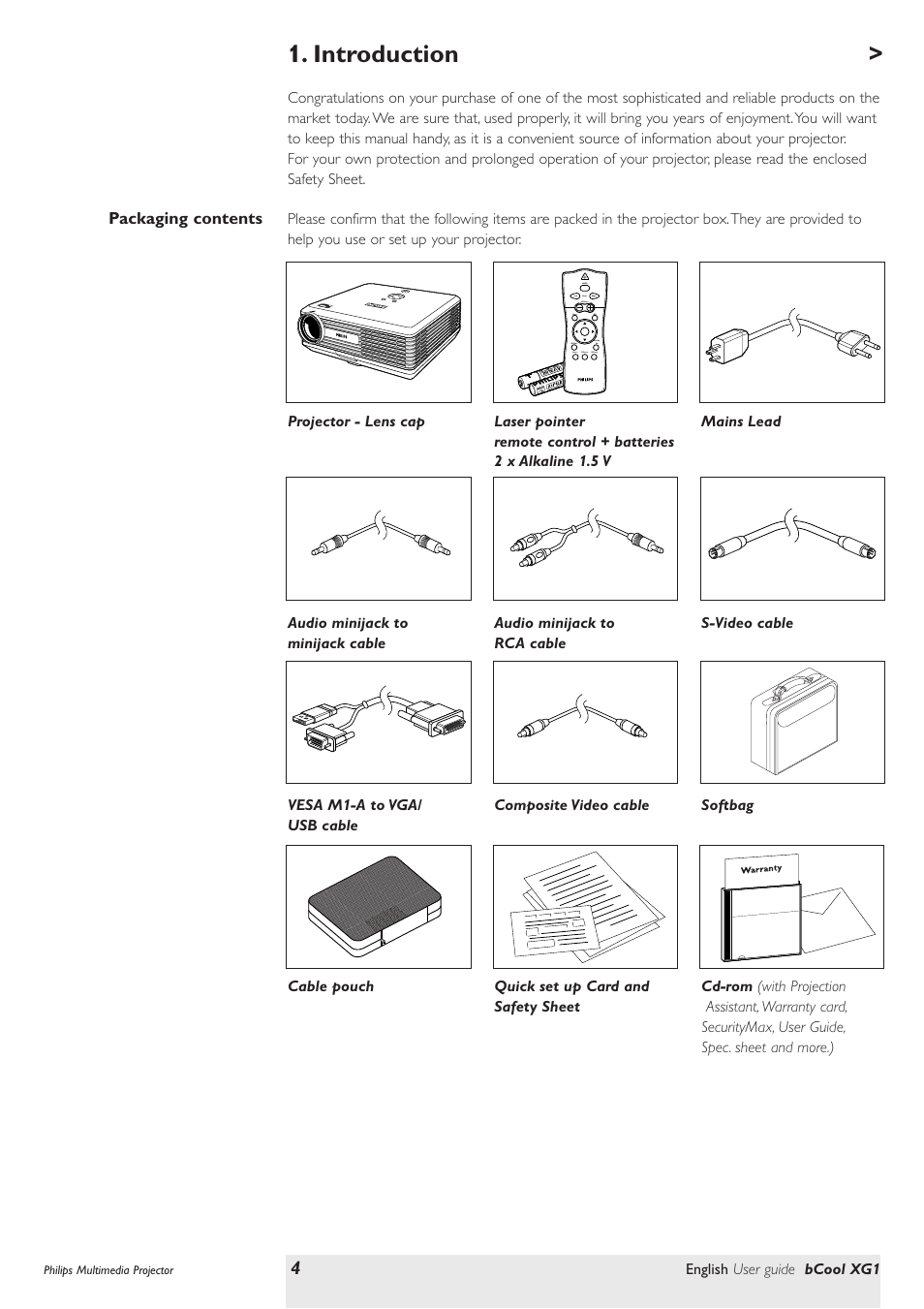 Introduction, Packaging contents | Philips Multimedia projector bCool XG1 User Manual | Page 4 / 29