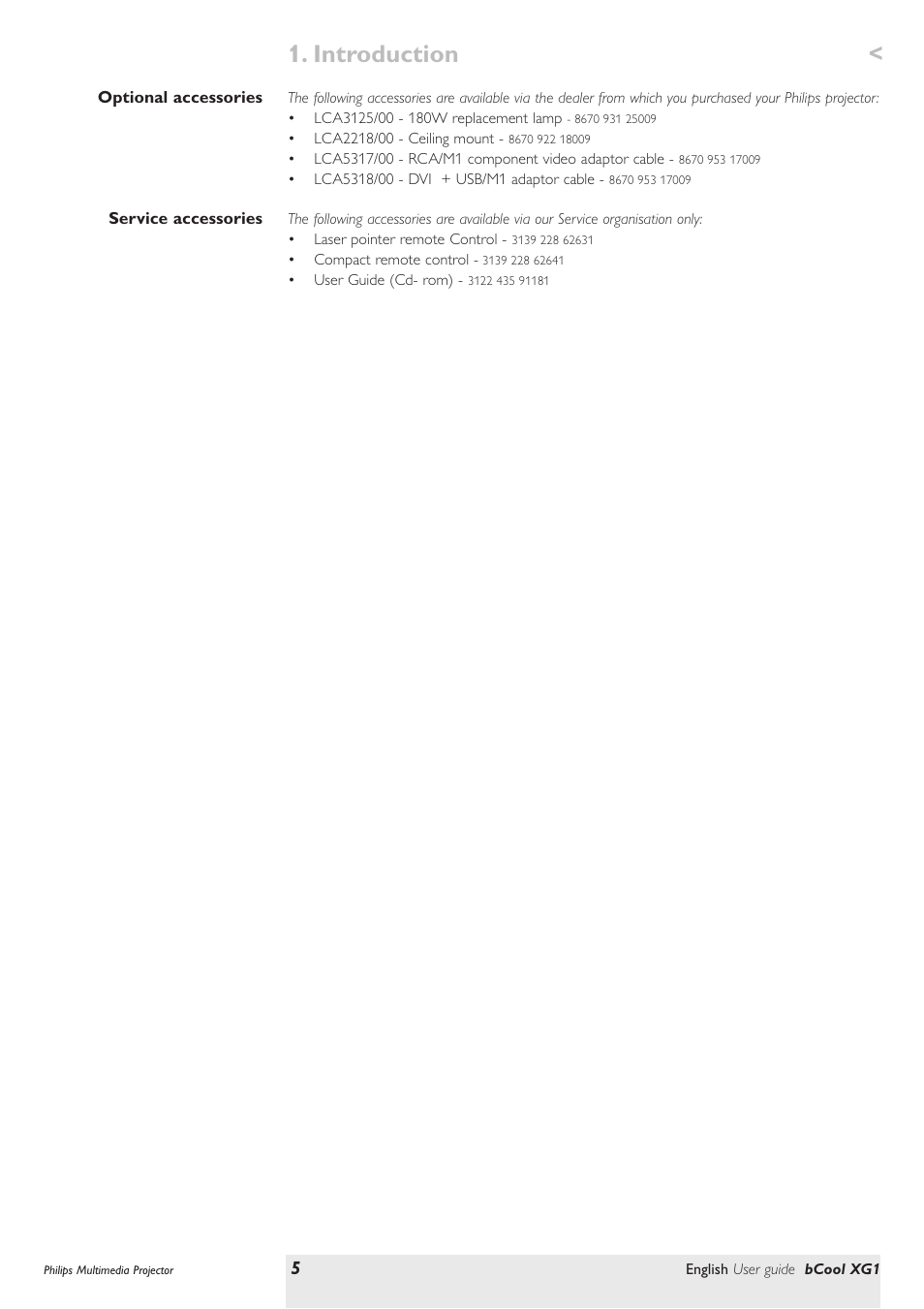 Optional accessories, Service accessories, Introduction | Philips Multimedia projector bCool XG1 User Manual | Page 5 / 29