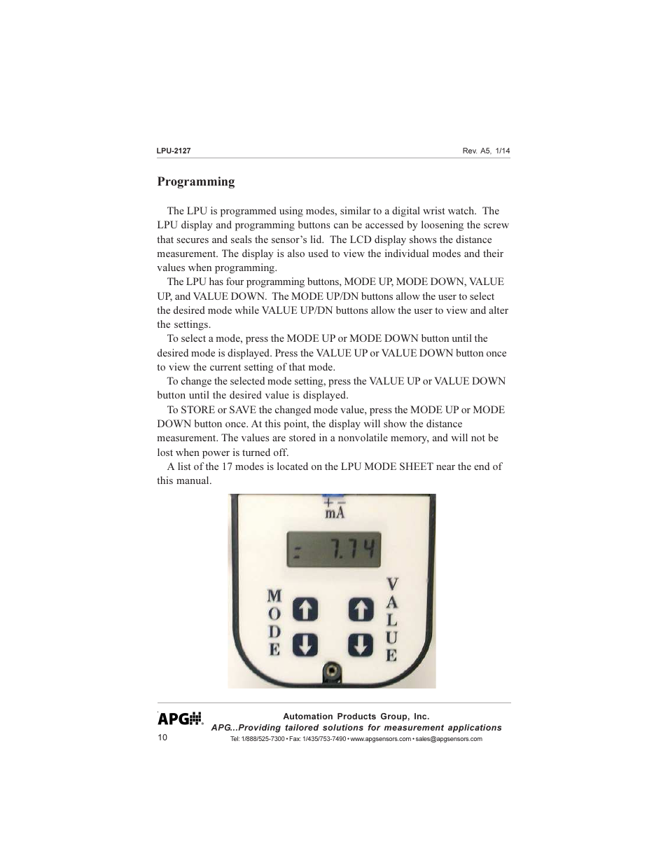 Programming | APG LPU-2127 user manual User Manual | Page 10 / 27