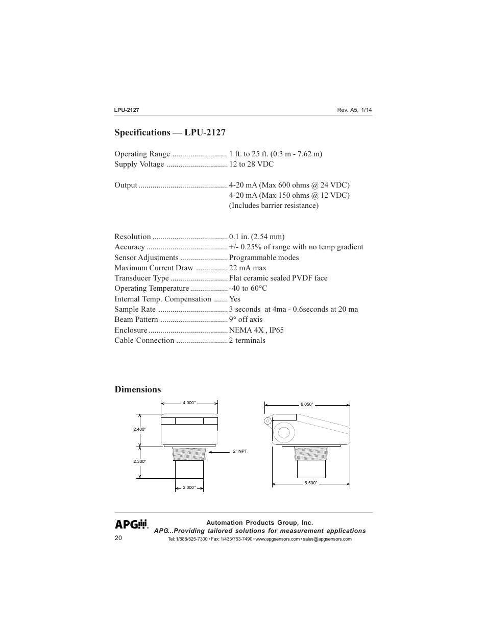 Specifications — lpu-2127, Dimensions | APG LPU-2127 user manual User Manual | Page 20 / 27