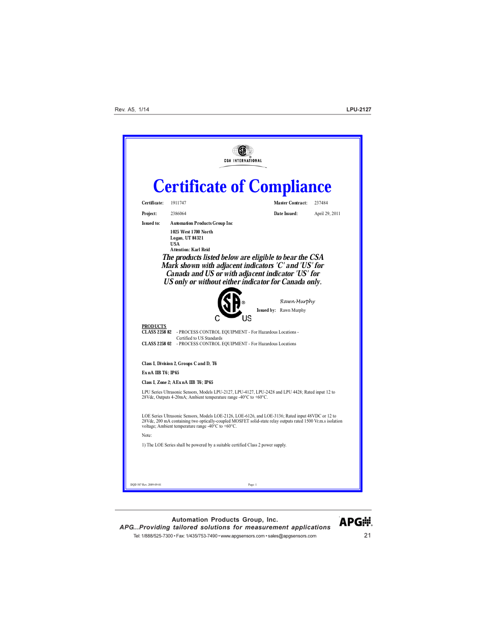 Certificate of compliance | APG LPU-2127 user manual User Manual | Page 21 / 27