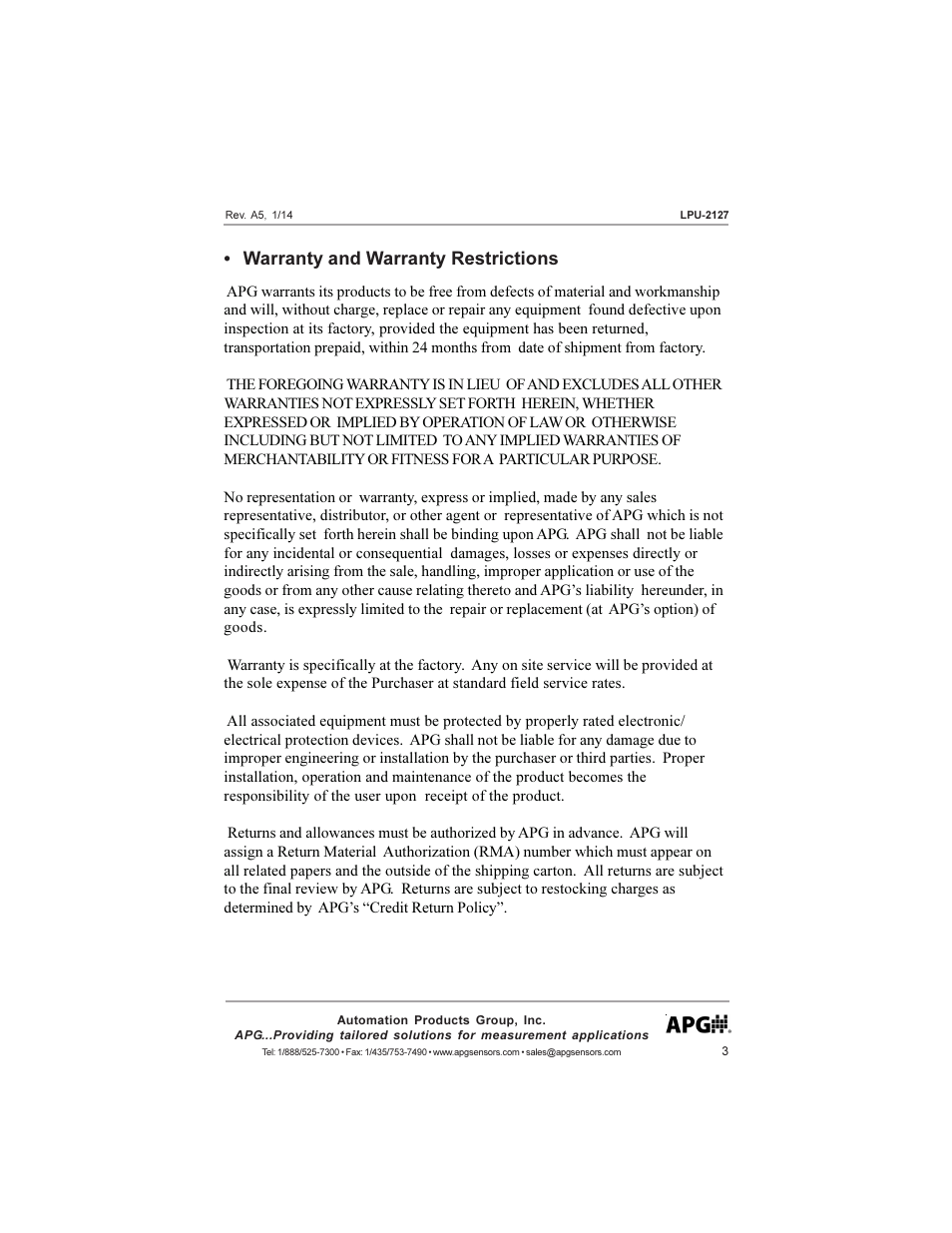 Warranty and warranty restrictions | APG LPU-2127 user manual User Manual | Page 3 / 27