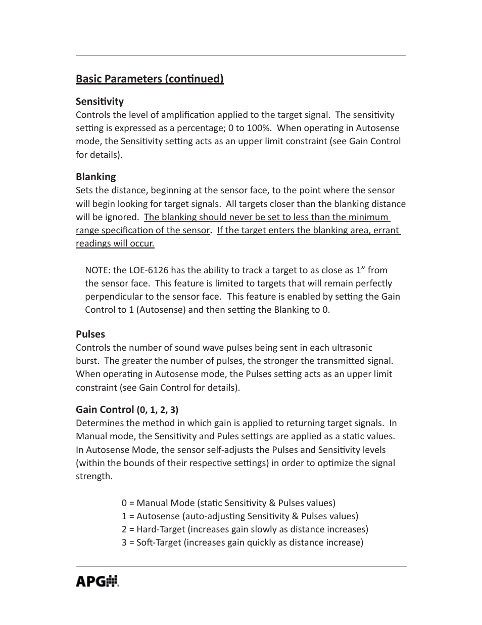 Basic parameters (con nued) | APG LOE Master Sensor user manual User Manual | Page 12 / 36
