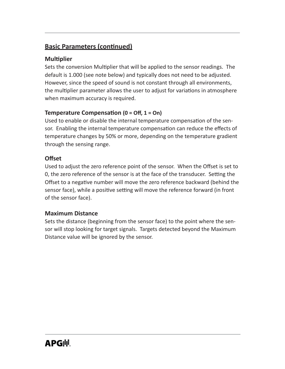 Basic parameters (con nued) | APG LOE Master Sensor user manual User Manual | Page 14 / 36